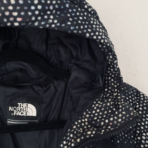 North Face Puffer Coat Transit II Women S Black Spot Speckle 550 Goose Down Hood - Picture 14 of 16